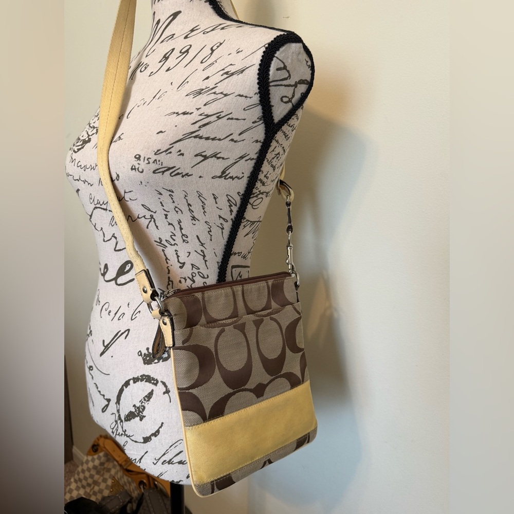 Coach Signature Canvas Crossbody with Yellow Trim